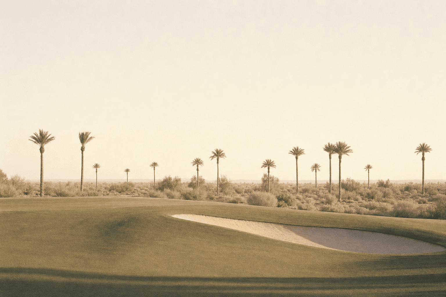 A mown fairway with a sand bunker, and a scattered line of palms against desert scrub.