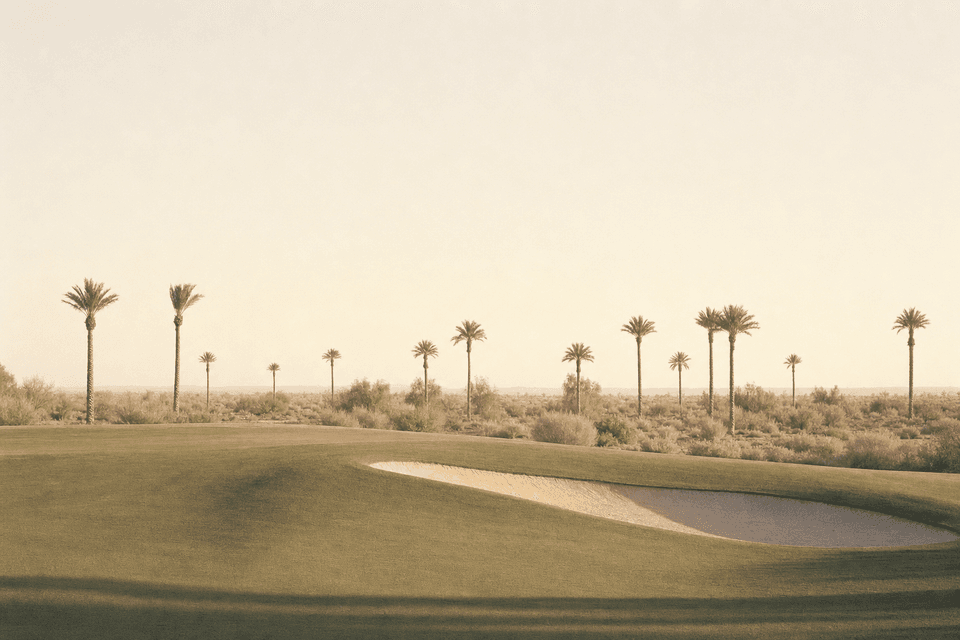 A mown fairway with a sand bunker, and a scattered line of palms against desert scrub.
