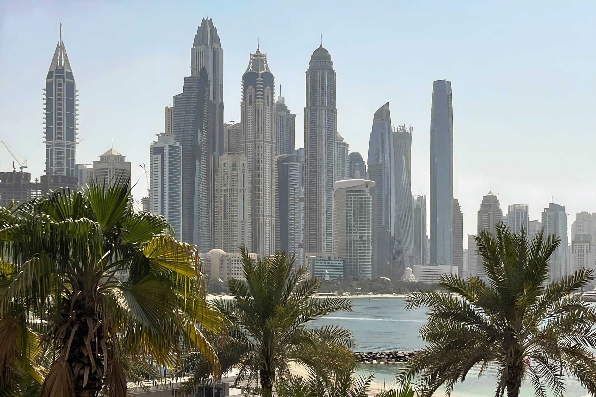The Dubai Marina towers across the water, seen from a beach lined with palm trees.